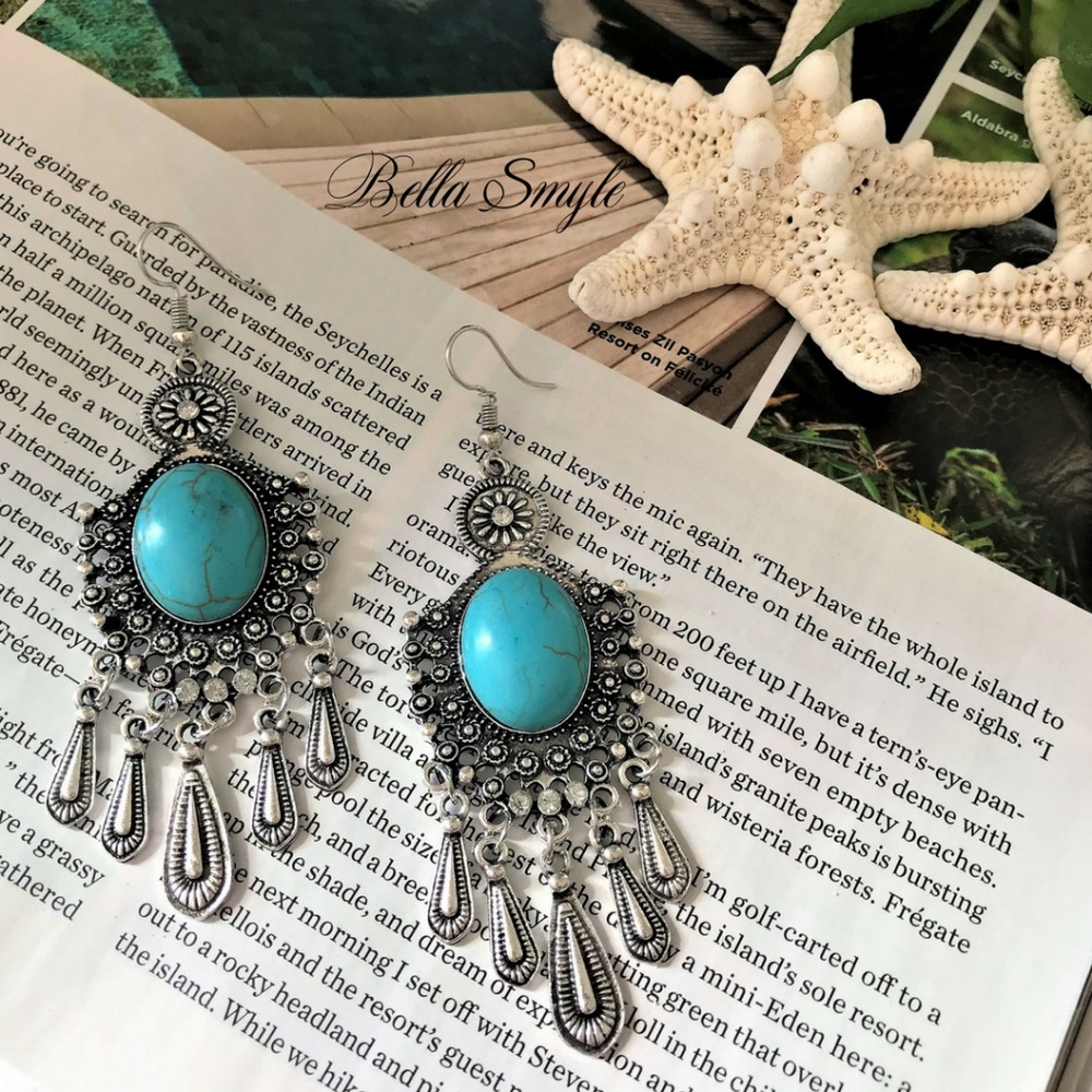 BE1 | Boho Long Turquoise Flower Drop Earrings - Picture 6 of 6